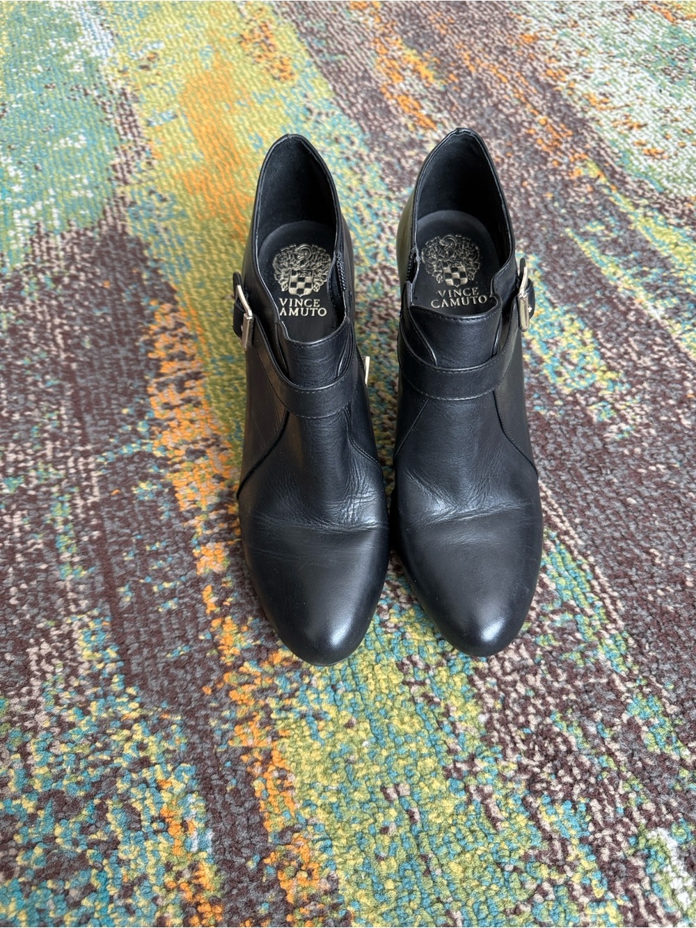 Vince Camuto Black Pointed Toe Leather Ankle Booties with Side Buckle